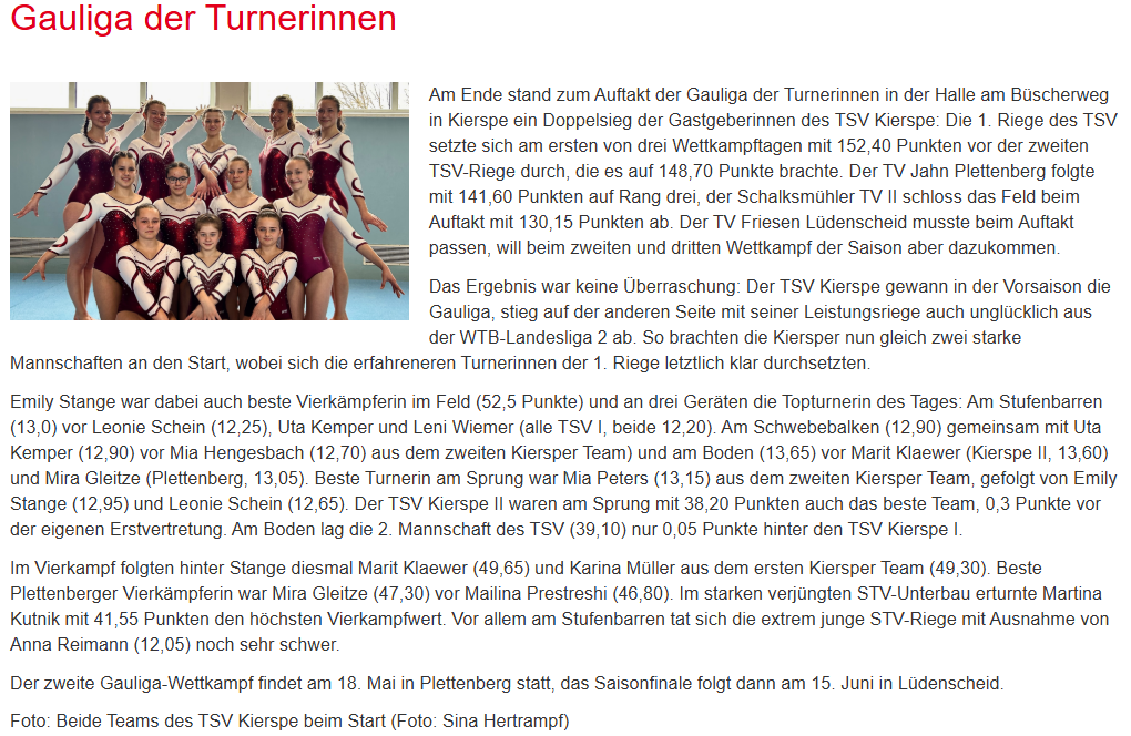 1. Gauliga Wettkampf weiblich in Kierspe